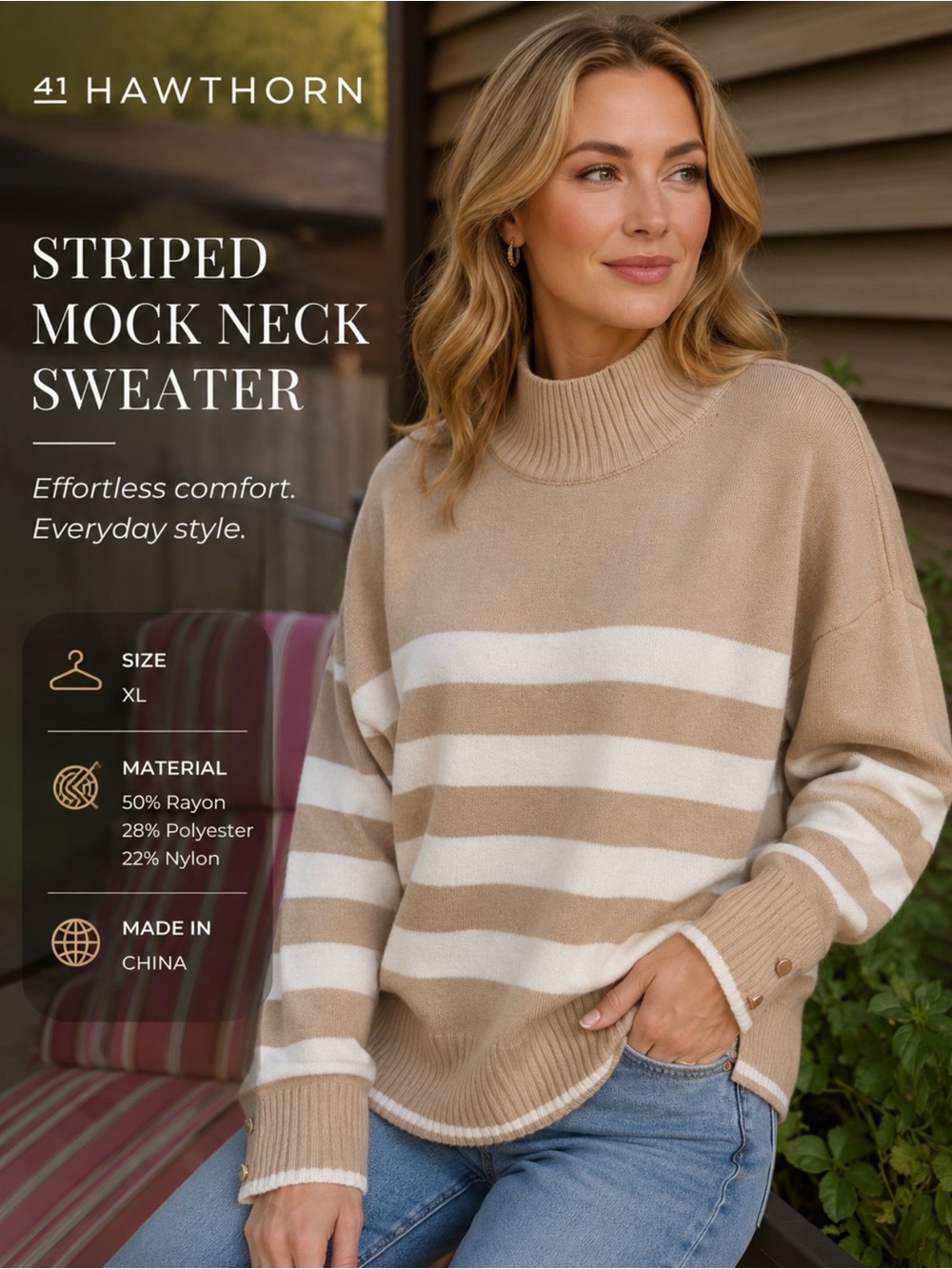 41 Hawthorn Striped Mock Neck Sweater in Cream and Tan
